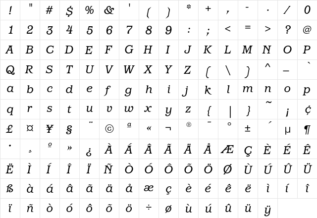 BarcelonaEF-BookItalic Regular  glyph index