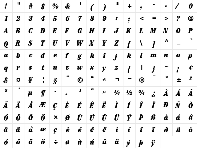 ITCCheltenham-UltraCondensed RomanItalic  glyph index