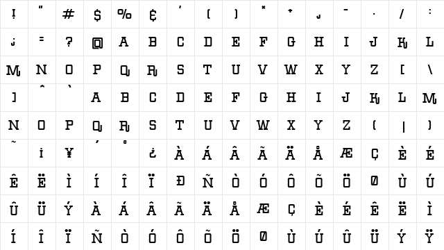 Boiled Denim Regular  glyph index