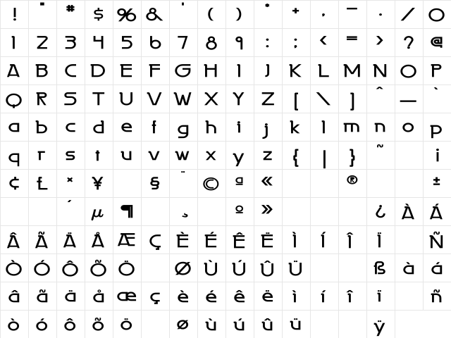 Persia-WI-BO Regular  glyph index