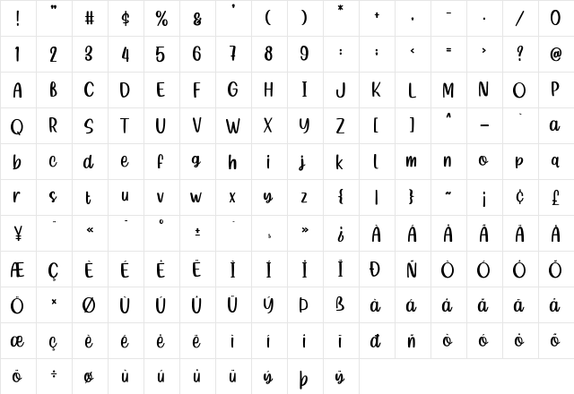Pintersan Regular  glyph index