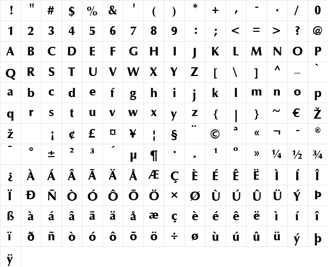 Optima LT Medium Bold  glyph index
