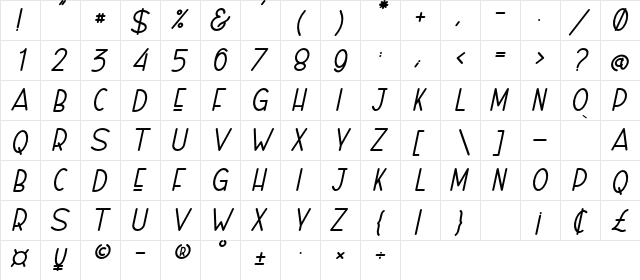 Naura Slant_DEMO  glyph index