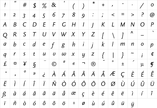 DTLDocumentaSansST Italic  glyph index
