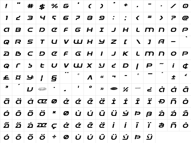 Universal Jack Expanded Italic Expanded Italic  glyph index