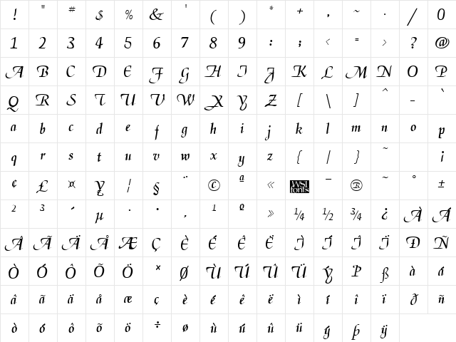 Daniela Regular  glyph index