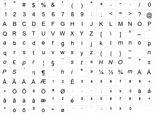 SFTstoff Regular  glyph index