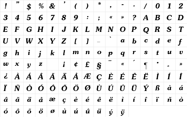 Souvenir-BoldItalic Regular  glyph index