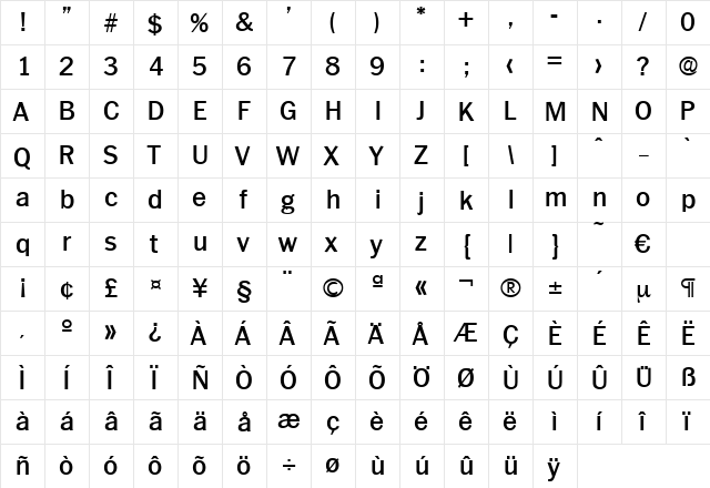 Plymouth-Medium Regular  glyph index