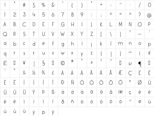 Colombia Regular  glyph index