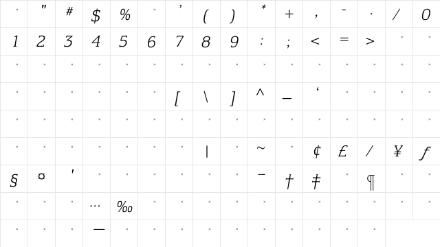 EquestrienneLightItalicTab Regular  glyph index
