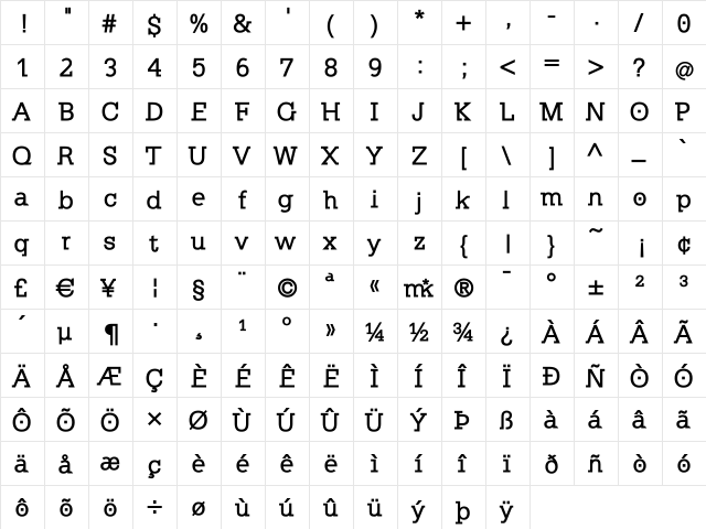 KleinSlabserif-Bold Regular  glyph index