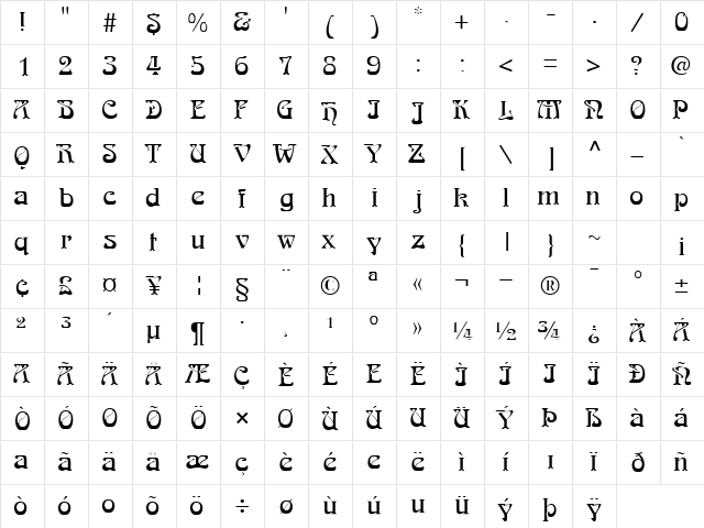 ArtDecoLightSSK Regular  glyph index
