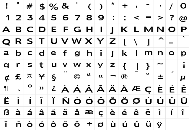 Adams Wide Normal  glyph index