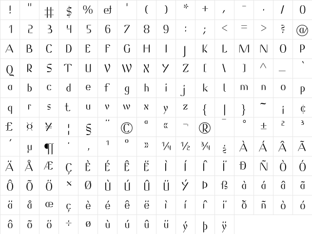 Bijoux Regular  glyph index