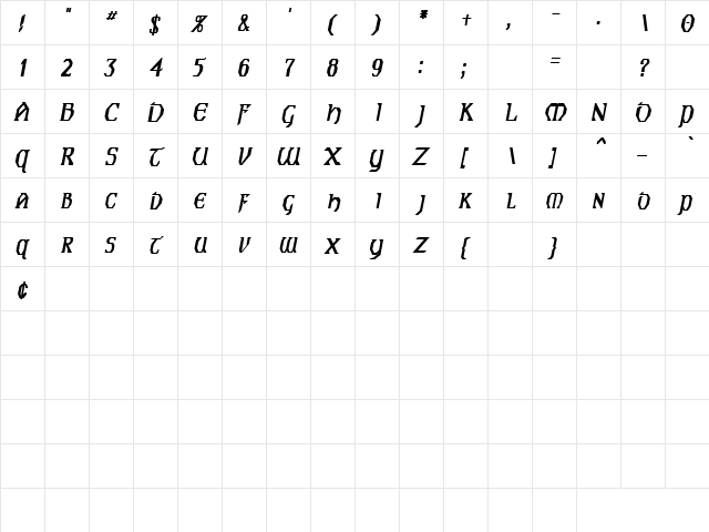 Jealous 3 Bold Italic  glyph index