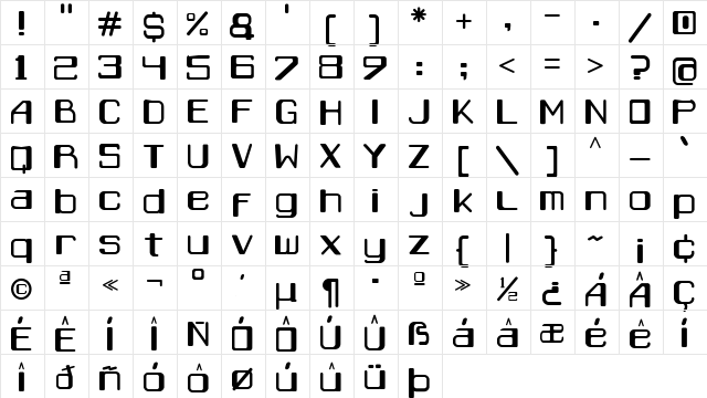 Caracas Regular  glyph index