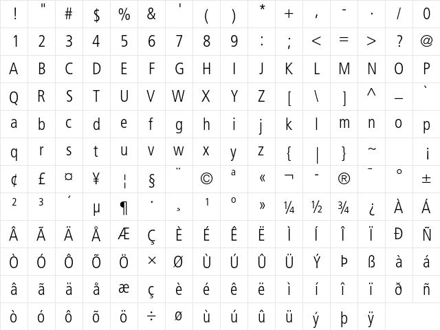Frutiger LT Std 47 Light Condensed  glyph index