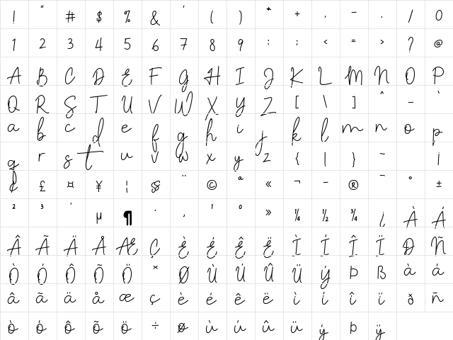 Lattiefa Regular  glyph index