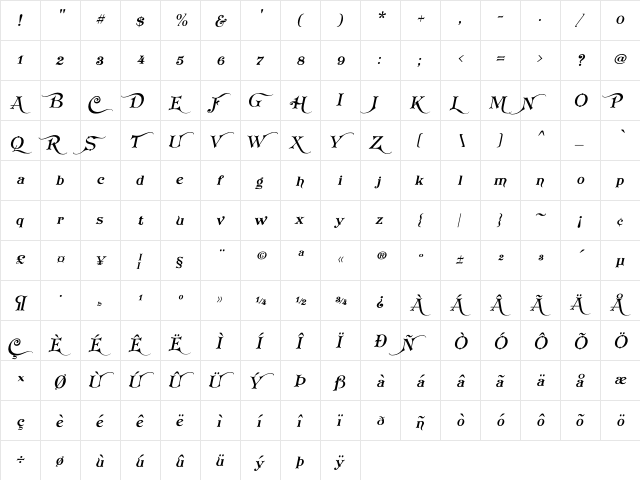 Koster Semi-Swash Oblique Regular  glyph index