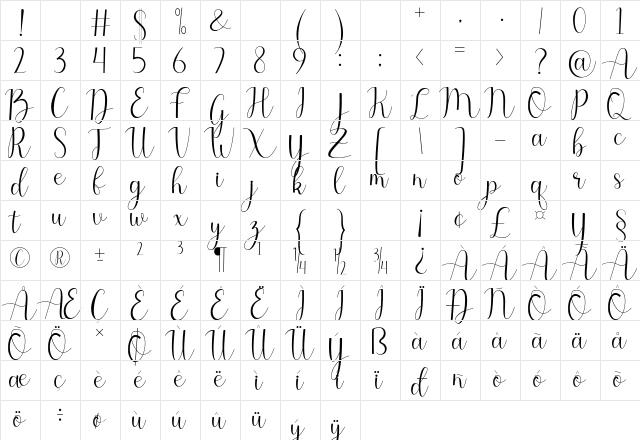 belitha Regular  glyph index