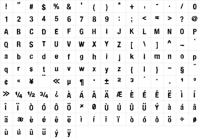 HandVetica Bold  glyph index