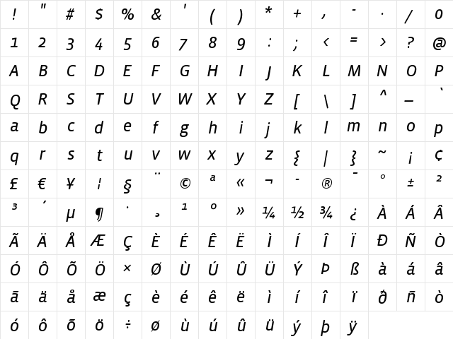 VistaSansRegItalic Regular  glyph index