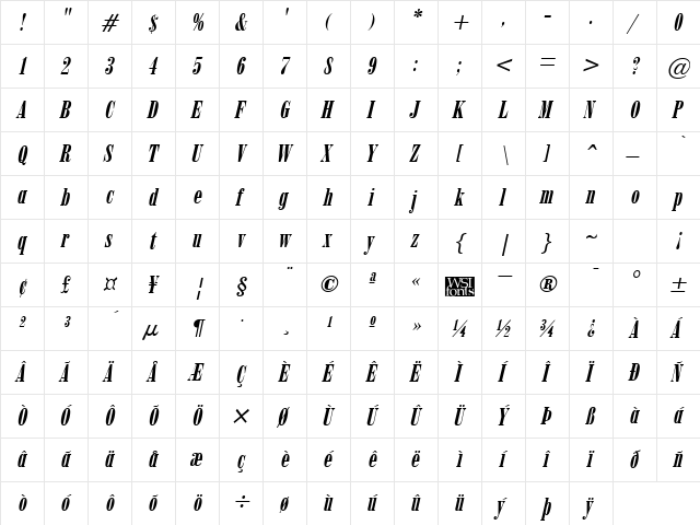 Obelisk Italic  glyph index