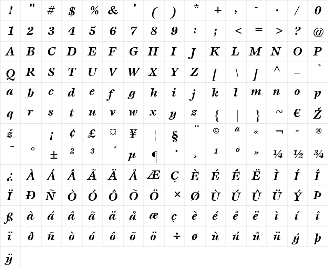 Esprit LT Book Bold Italic  glyph index