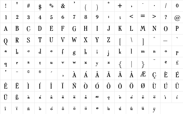 OPTITypoRoman Regular  glyph index