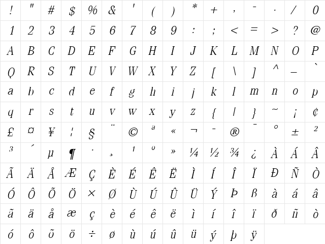 ITCFenice LT Light Italic  glyph index