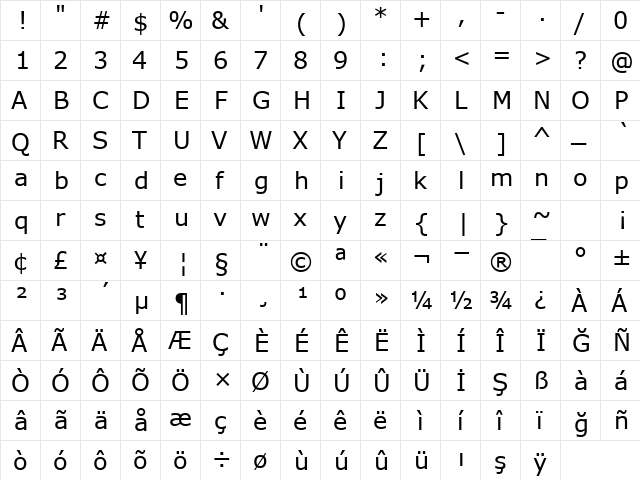TR Verdana Regular  glyph index