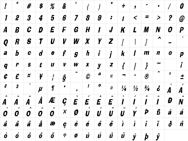 Alor Condensed Italic  glyph index