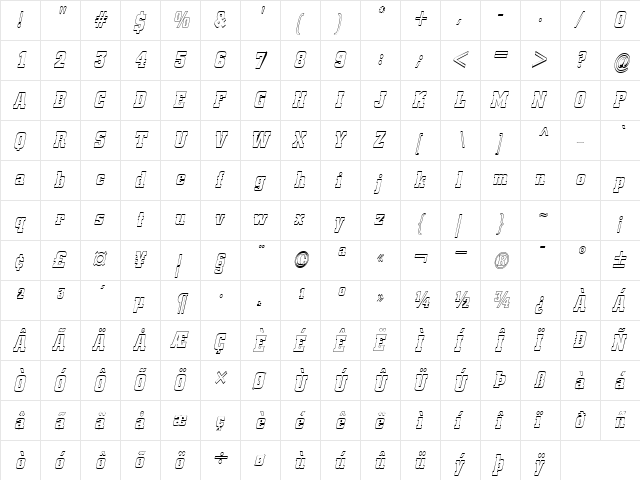 BorghsHollowCondensed Italic  glyph index