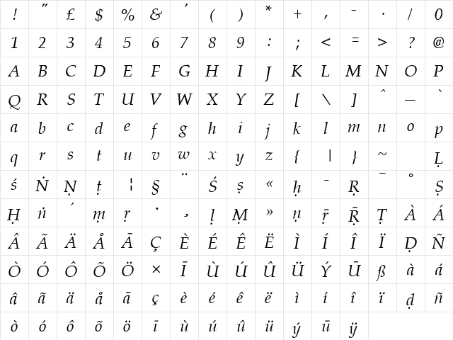 Skt Palermo Italic  glyph index