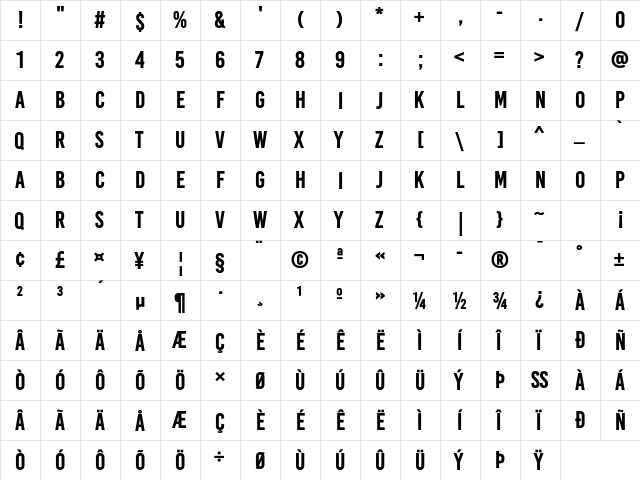 BaseOne Bold  glyph index