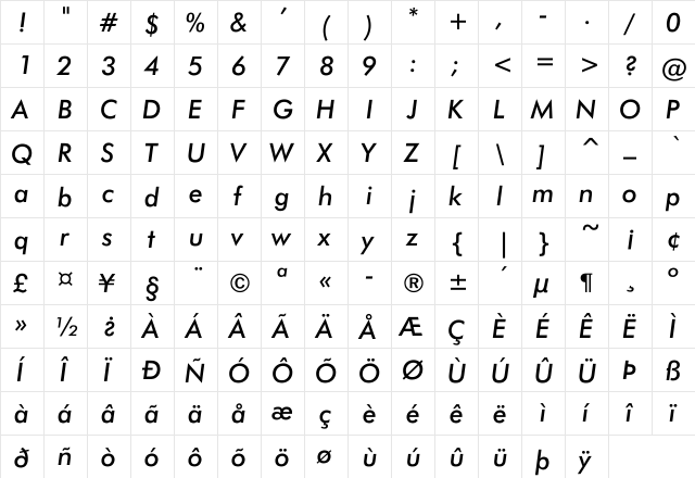 Jensen Italic Regular  glyph index