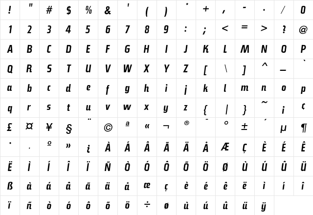 BauerTopic BoldItalic  glyph index