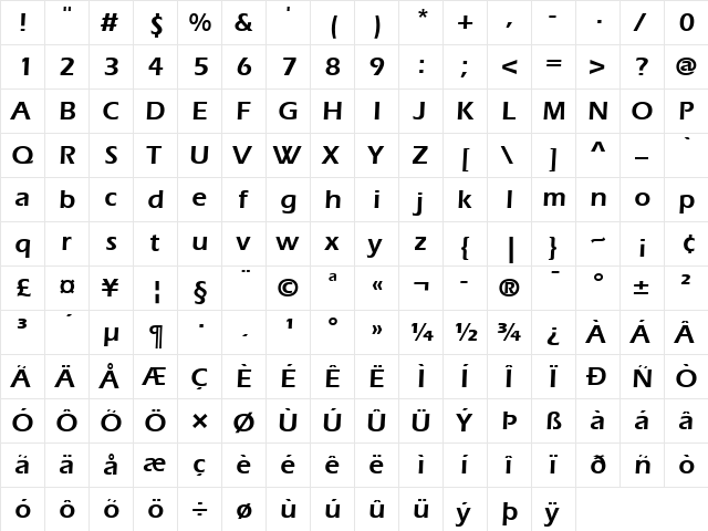 Eras LT Demi Regular  glyph index