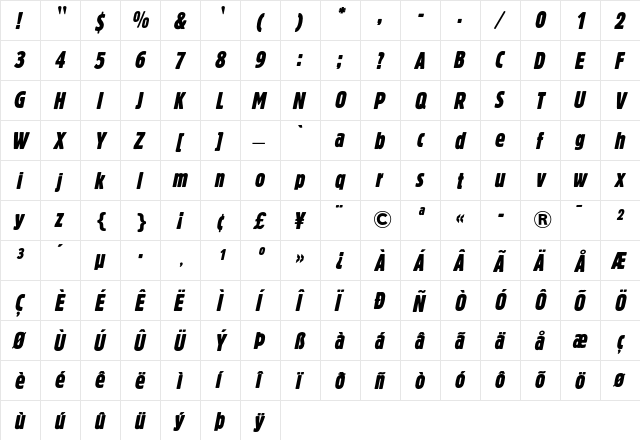Block Berthold Extra Condensed Italic  glyph index