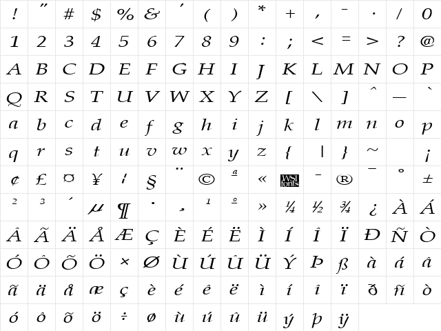 PalisadeBroad Italic  glyph index