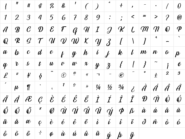 Hestina Regular  glyph index