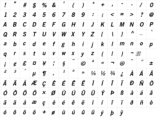 Commerce SSi Semi Bold Italic  glyph index