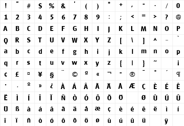 Glasgow Bold  glyph index