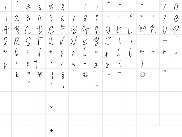 Barthilda Regular  glyph index