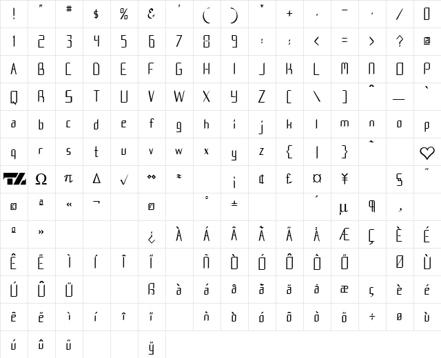 Nostra 2003 J Cool  glyph index
