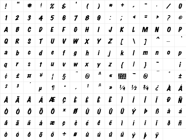 MarkingPenHeavy Italic  glyph index