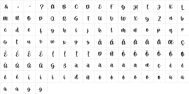 Rachel Lovelyn Regular  glyph index