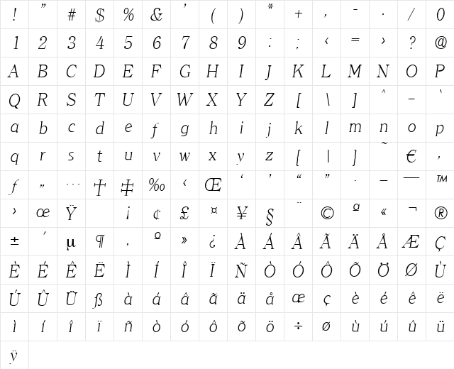 Clerface-XlightIta Regular  glyph index