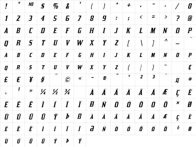 Kirsty Italic  glyph index
